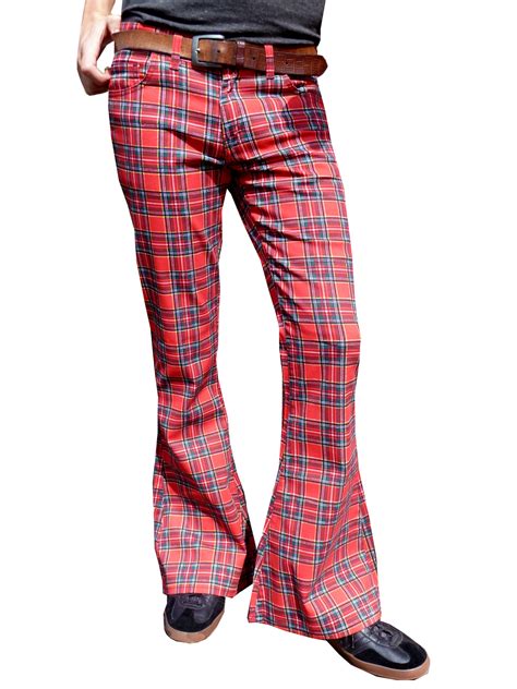 Mens Flares Tartan Red Flared Bell Bottoms Pants Trousers 70s Glam Rock