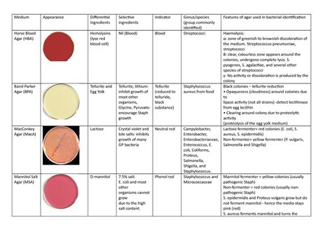 Agar Plate Summary Medium Appearance Differential Ingredients