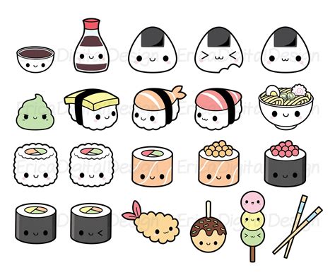 Sushi Kawaii Clipart Bundle Cute Sushi Clip Art Onigiri Nigiri Etsy