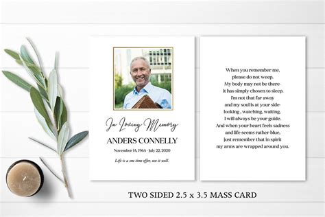Funeral Card Printable Mass Card With Photo Template 25 X 35 Etsy