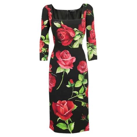 Dolce And Gabbana Multicolor Black Red Silk Rose Mid Length Dress
