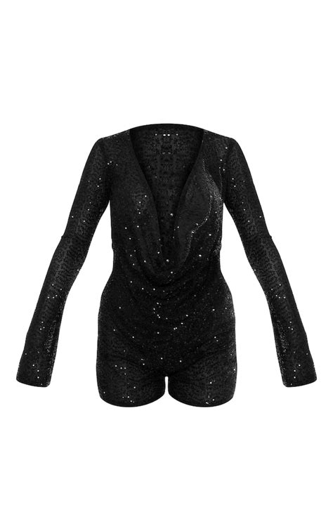 Black Sequin Cowl Neck Long Sleeve Playsuit Prettylittlething Ire
