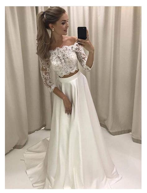 Dzw517 White Boho Wedding Dress Lace 34 Sleeves Chiffon Simple