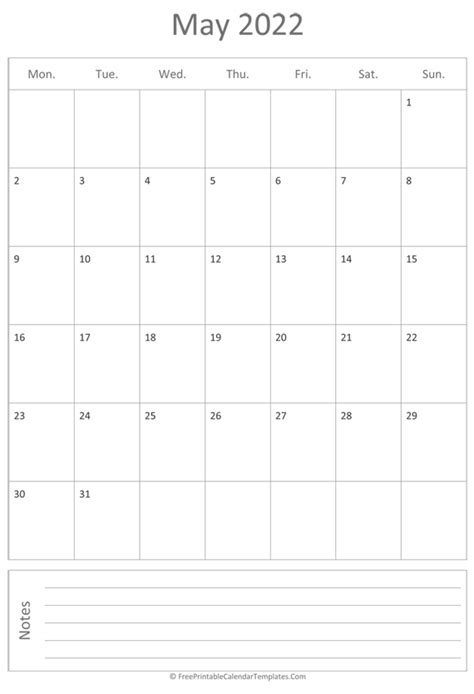Printable May Calendar 2022 Vertical