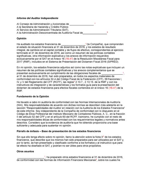 Anexo Folio 18 Modelo De Dictamen Auditoria Fiscal Informe Del