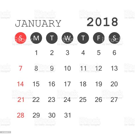 January 2018 Calendar Calendar Planner Design Template Week Starts On