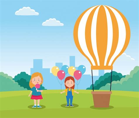 Premium Vector Cartoon Happy Girls And Hot Air Balloon In The Field
