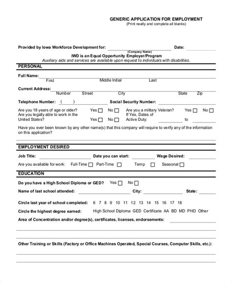Free 11 Sample Generic Employment Application Forms In