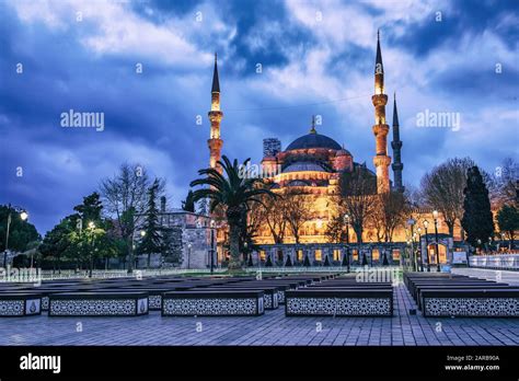 Blue Mosque In Istanbul Before Sunrise In The Dusk With Blue Moody Sky