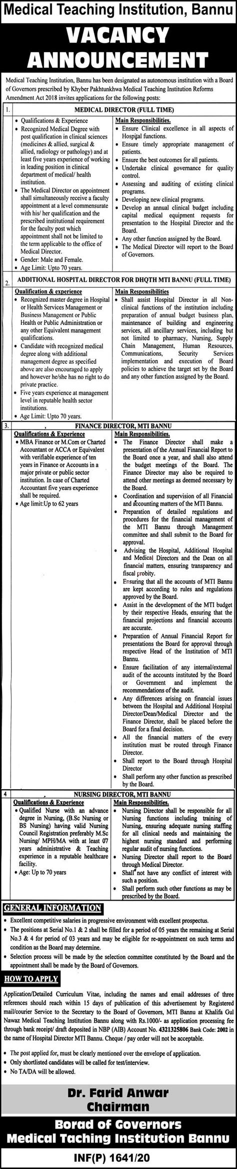 Medical Teaching Institution MTI Bannu Jobs For Medical Director