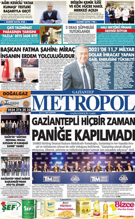 26 Şubat 2022 tarihli Gaziantep Metropol Gazete Manşetleri