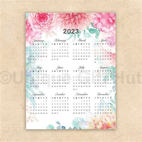 Printable 2023 Watercolor Floral Wall Calendar Vertical Yearly