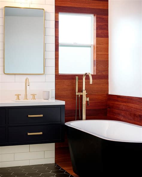 Brass Fixtures And Cherry Wood In Modern Black And White Bathroom Hgtv