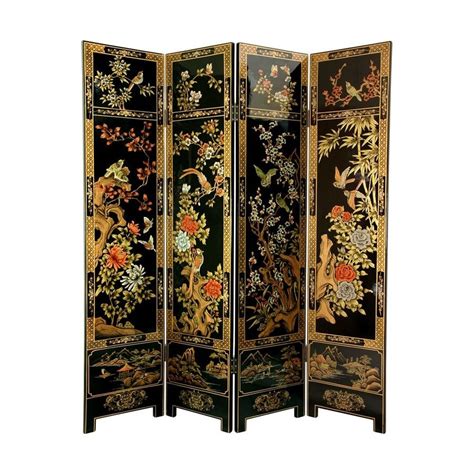 Oriental Furniture Lacquer 4 Panel Black Wood Folding Indoor Privacy