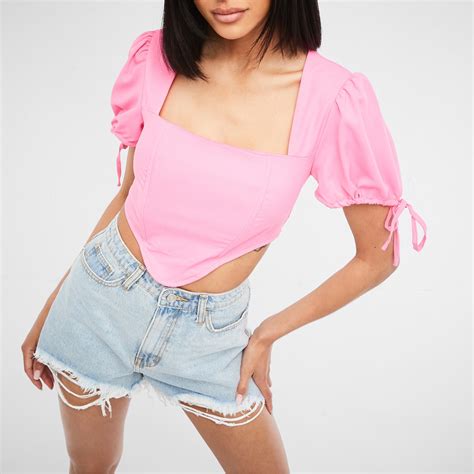 Missguided Textured Puff Sleeve Corset Top Pink