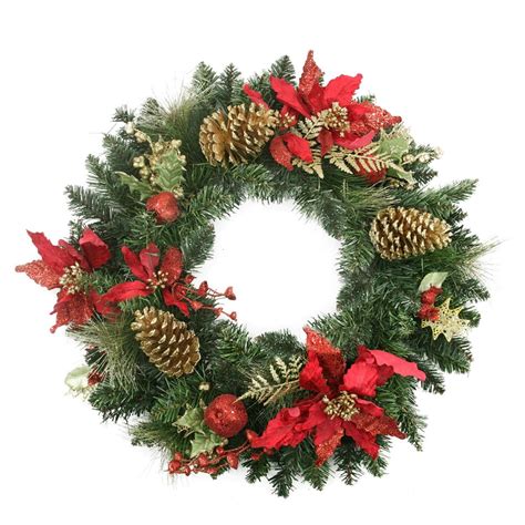 24 Pre Decorated Red Poinsettia And Gold Pine Cone Artificial