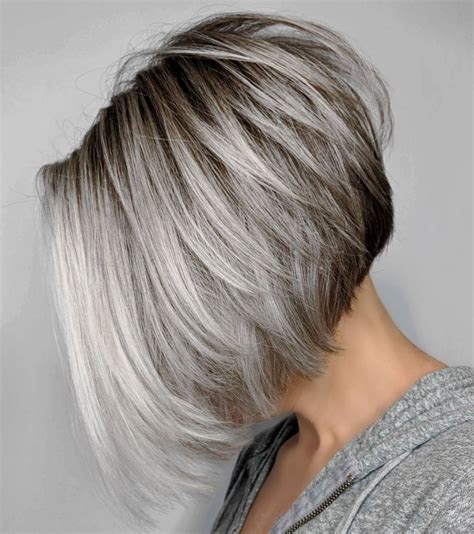 Inverted Layered Gray Bob With Brown Roots Hair Styles Grey Bob
