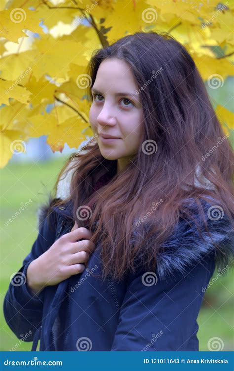 Long Haired Brunette Teenager With A Blue Jacket Stock Image Image Of