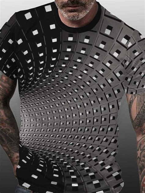 3d Print Graphic Optical Illusion Crew Neck Short Sleeve Shirts And Tops