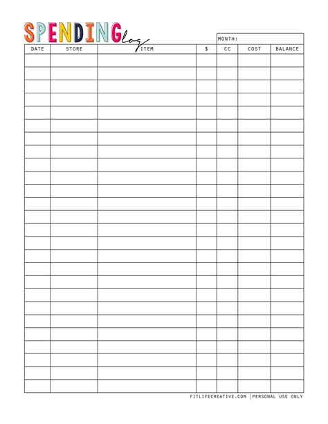 Spending Log Planner Printable Fit Life Creative Budget Sheets