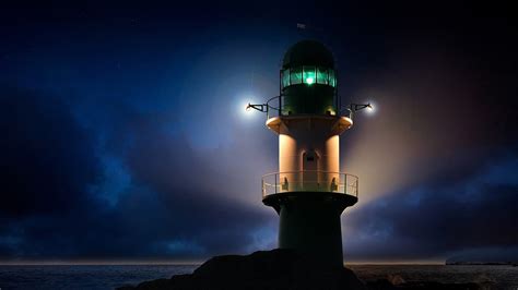 Dark Lighthouse Sky Outdoors Night Sea Hd Wallpaper