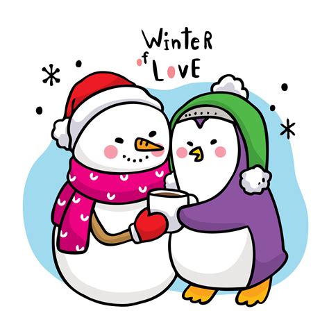 Cute Cartoon Snowman Hugging A Penguin 1393364 Vector Art At Vecteezy