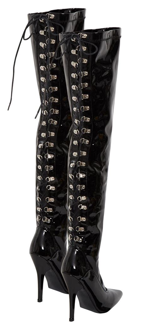 Womens Thigh Kinky Over The Knee Stiletto High Shiny Patent Hook Lace Up Boots EBay