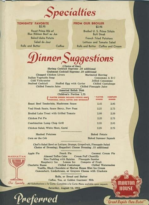 Restaurant menu, map for the prime rib located in 20006, washington dc, 2020 k st nw. Dinner menu from the Morton House Hotel, 1954. The $2.95 ...
