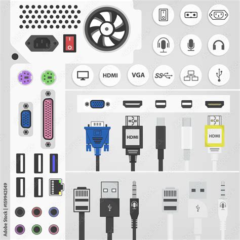 Pc Connectors And Sockets Illustration In Flat Style Computer