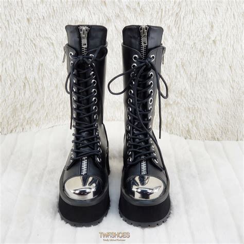 Gravedigger 14 Black Chrome Toe Plate Lace Up Zipper Boots Men Us Sizes Goth Ny Ebay