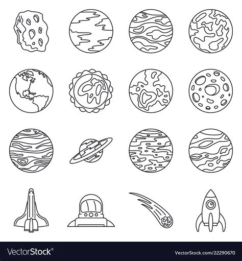 Solar System Planets Icon Set Outline Style Vector Image