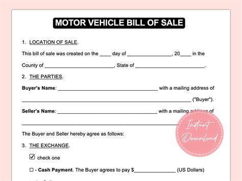 Motor Vehicle Bill Of Sale Bill Of Sale Car Sale Form Etsy