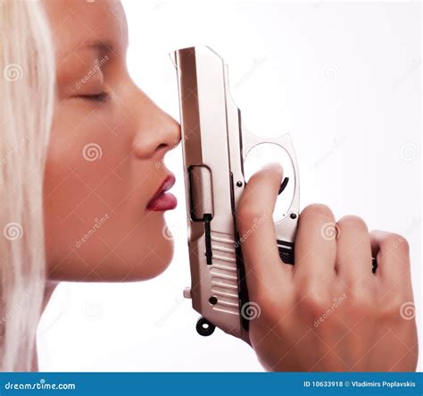 Portrait Of Young Woman With Gun Stock Photo Image Of Blonde