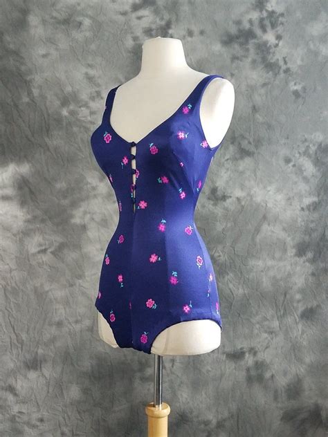 1960s Purple Floral Bathing Suit Open Back Button Down