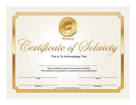 Golden 2 Years Certificate Of Sobriety Template Download Printable Pdf