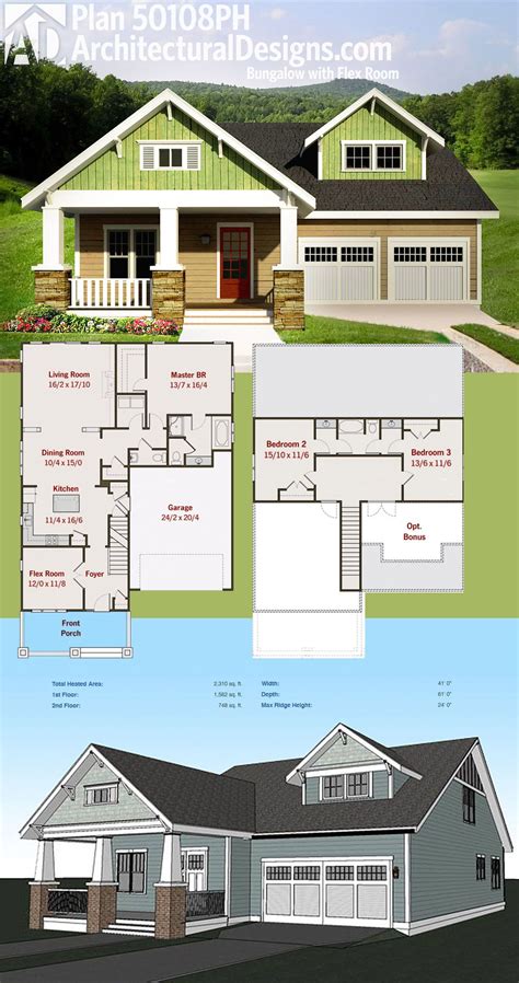 Bonus room house plans include extra space in the design for homeowners to use however they please. Plan 50108PH: Bungalow with Flex Room | Bungalow house ...