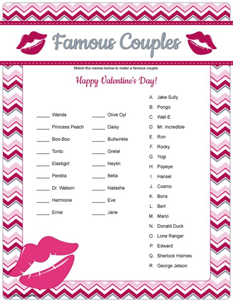Area Budaya Famous Couples Game Printable Valentines Game