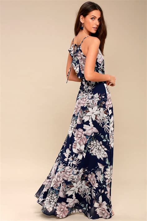 Lovely Navy Blue Dress Floral Print Maxi Dress Lulus