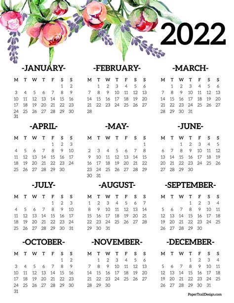 2022 Monday Start Calendar One Page Paper Trail Design
