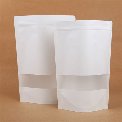Reusable Food Pouch Stand Up Zip Lock Kraft Paper Bags In White With