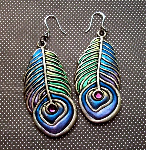 Peacock Feather Dangle Earrings Sterling Silver Wires