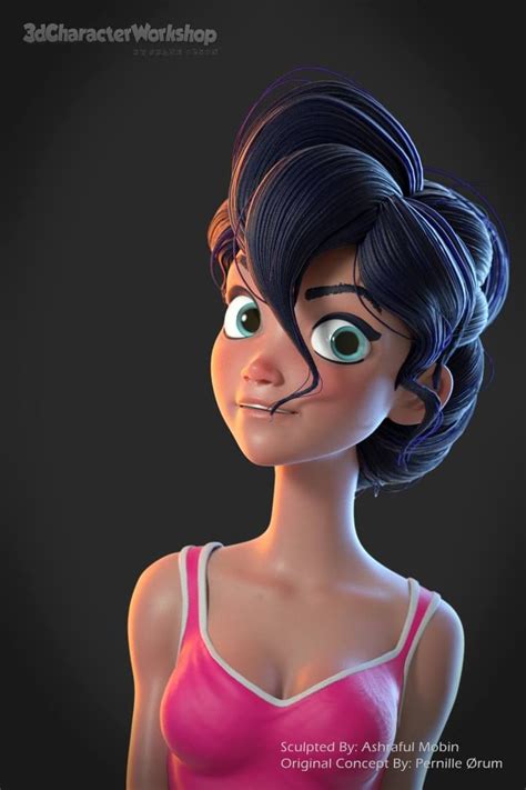 An Animated Woman With Blue Hair And Green Eyes Wearing A Pink Tank Top Standing In Front Of A