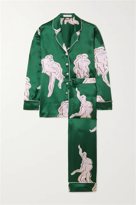 Olivia Von Halle Lila Waltz Printed Silk Satin Pajama Set In Green