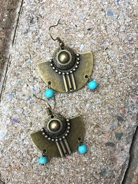Aztec Earrings Bronze Turquoise Bohemian Earrings Ethnic Etsy