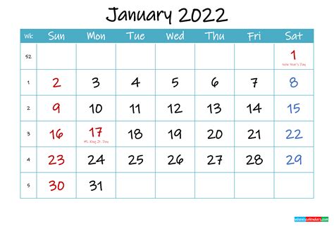 Printable January 2022 Calendar Pdf Template Ink22m61 Free