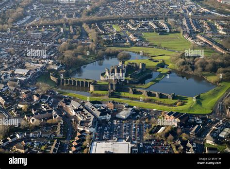 An Aerial View Of Caerphilly Castle A Partially Ruined Fortification