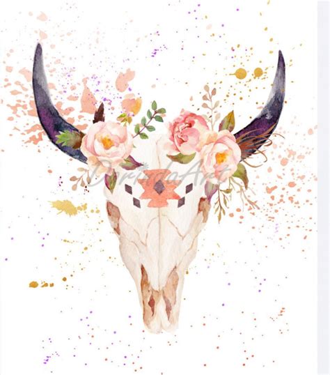 Floral Bull Skull Bohemian Art Print Cow Skull Bohemian Etsy