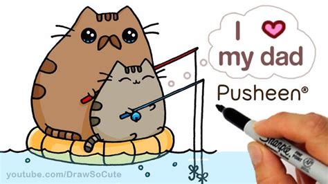 Kawaii tabby cat, dreaming on a cloud with moon and stars above. How to Draw Pusheen Cat step by step Cute - Father's Day ...