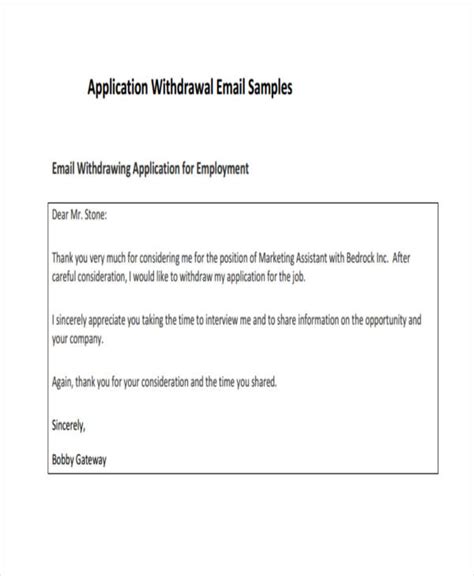 Withdraw Job Application Email Sample Coverletterpedi
