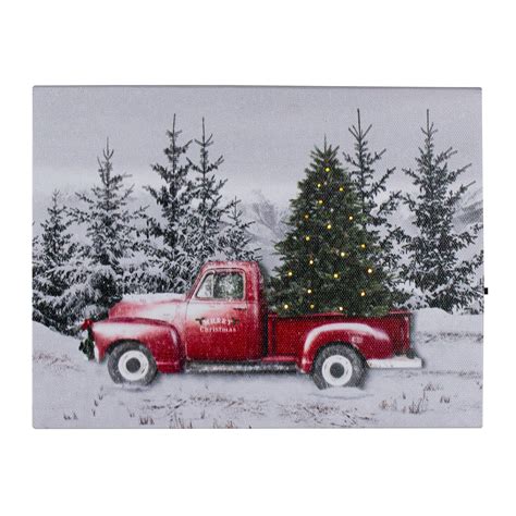 8 Lighted Christmas Tree In A Red Truck Tabletop Canvas Art